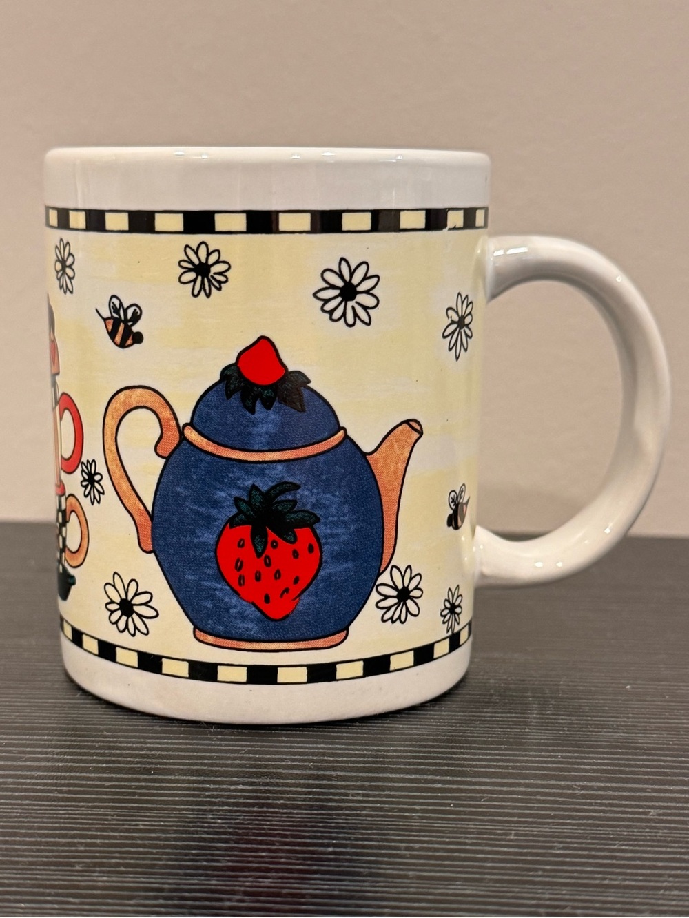 Source Unknown White Ceramic Mug with Blue Teapot and Red Strawberry Design
